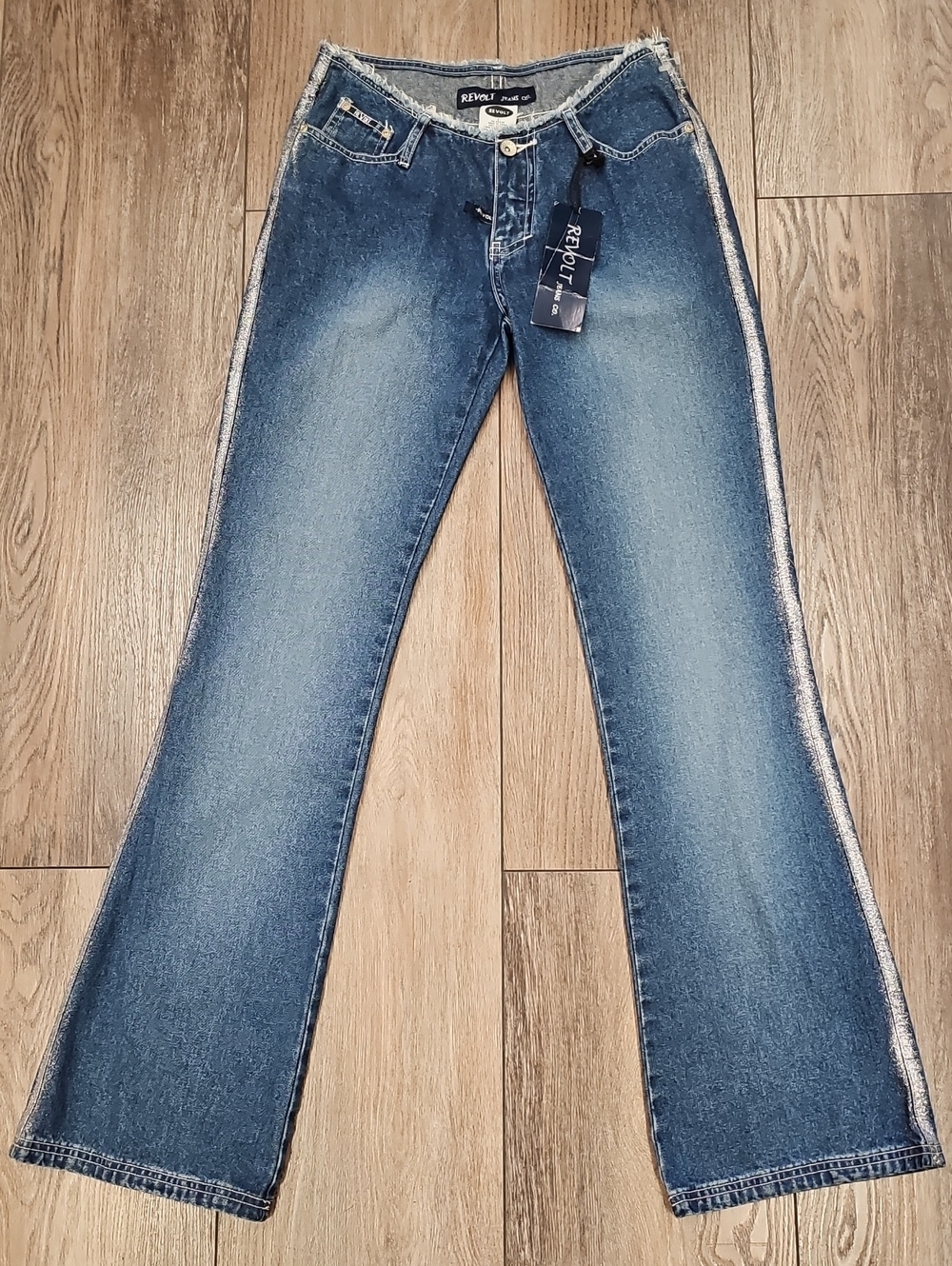 rebels Blue Flare Jeans with Silver Glittery Side Trim, Frayed , Y2k